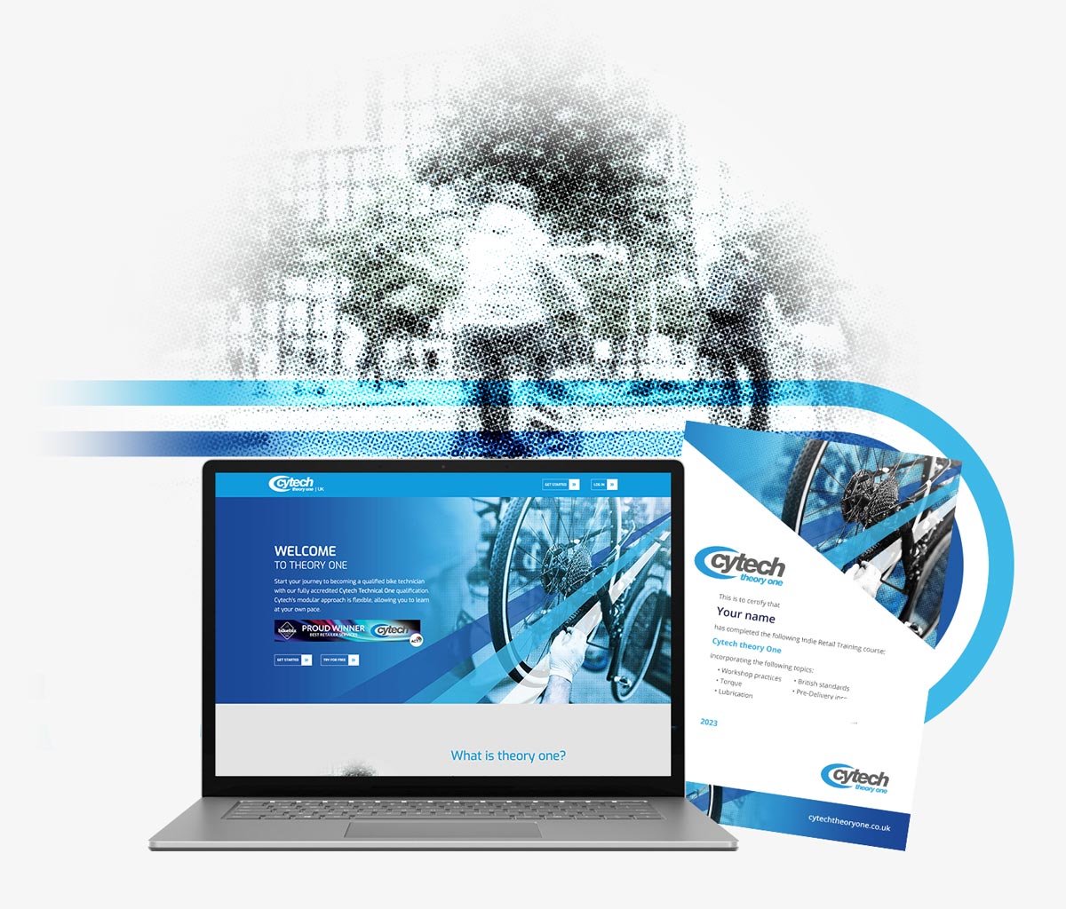Cytech Theory One course montage with a computer, certificate and a cyclist